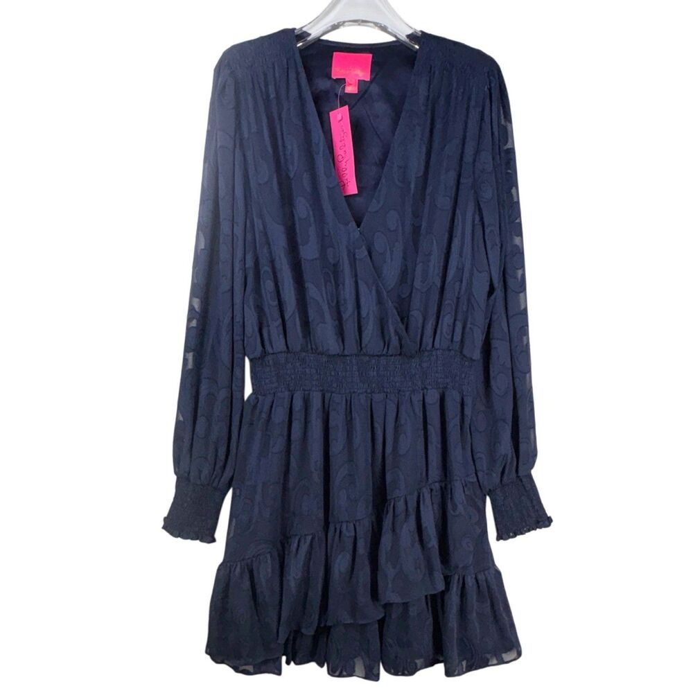 Lilly Pulitzer Size 16 Dress Christina Midi Ruffles Smocked Waist Navy Blue